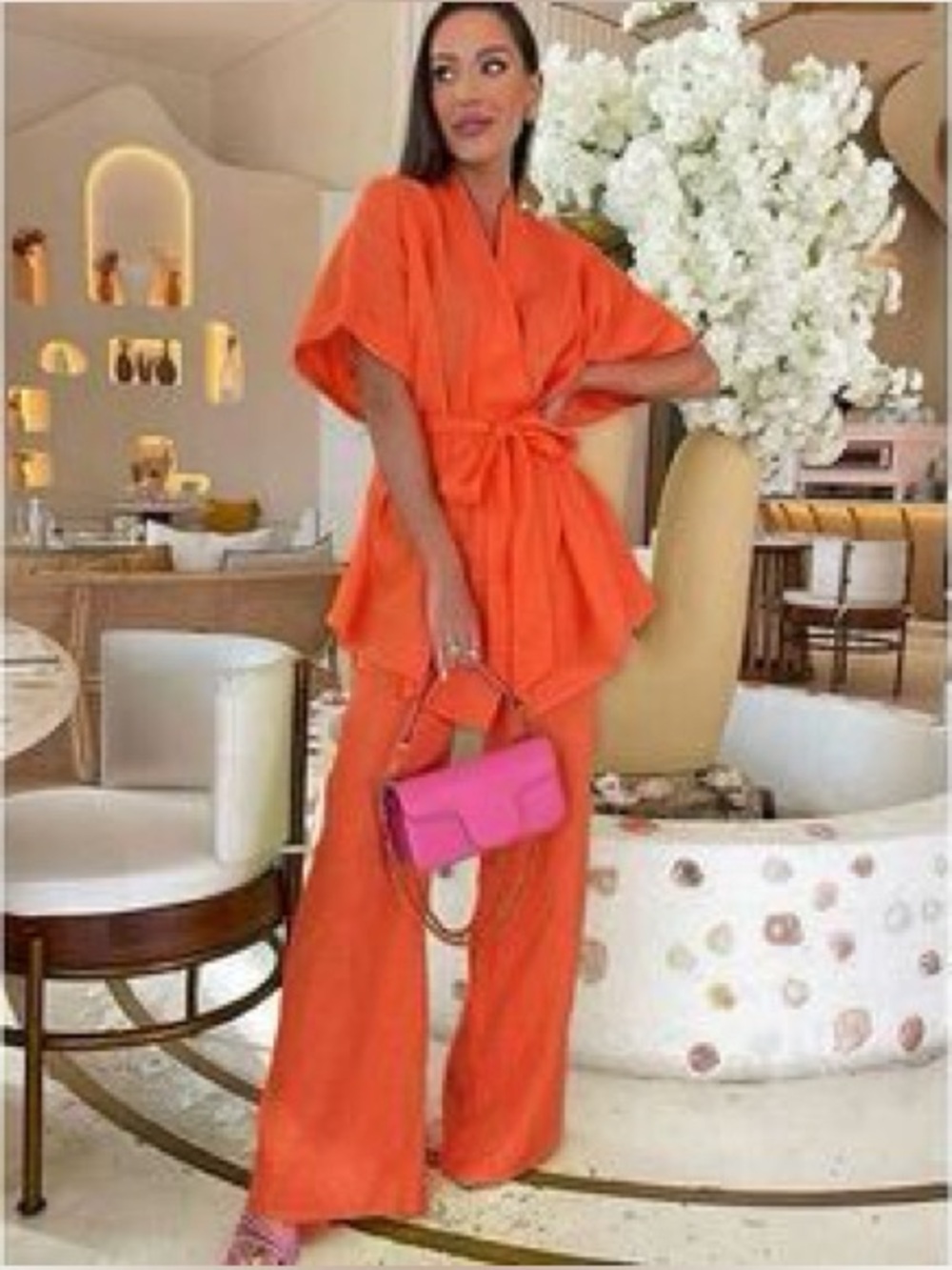 Commense Two Pants Set XS Cotton Linen orange Oversized Boho NEW resort summer - Picture 3 of 16